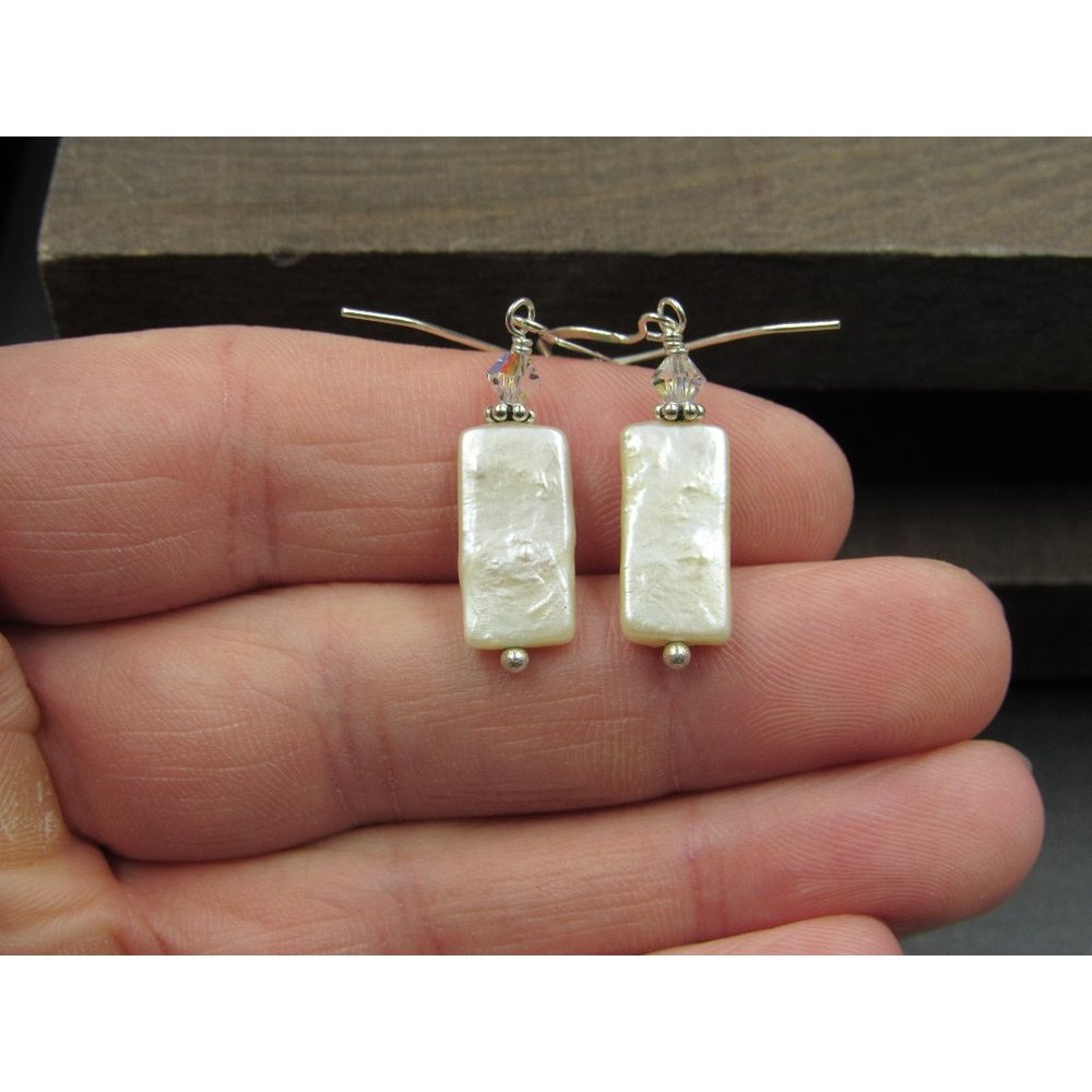 Sterling Silver Rectangle White Shell Handmade Earrings